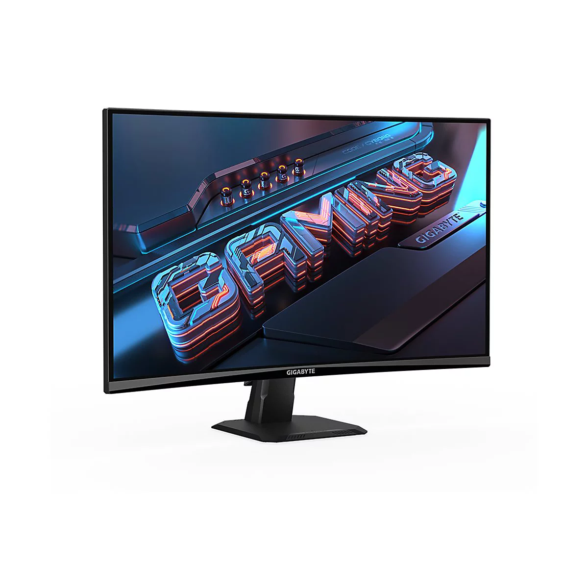 Ein Gaming Monitor mit der Aufschrift „GAMING“. Das Display zeigt blaue und orangefarbene Linien und Formen. Der Hersteller ist GIGABYTE.