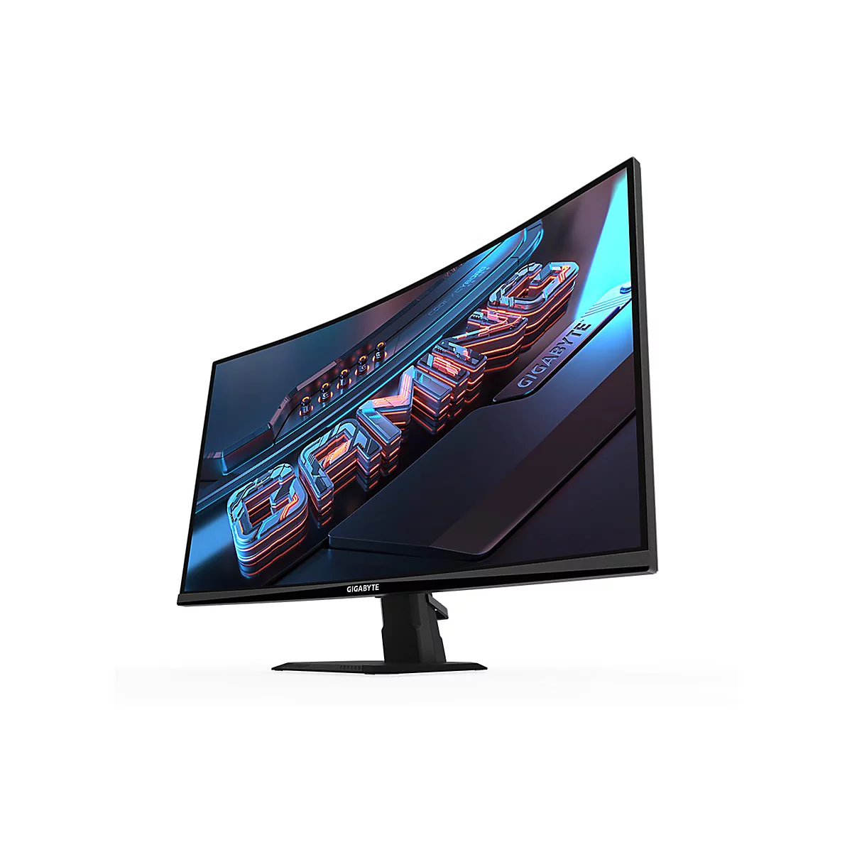 Gebogener Gaming-Monitor mit blau-orangefarbenem Bildschirm. Das GIGABYTE-Logo und das Wort „GAMING“ werden angezeigt.
