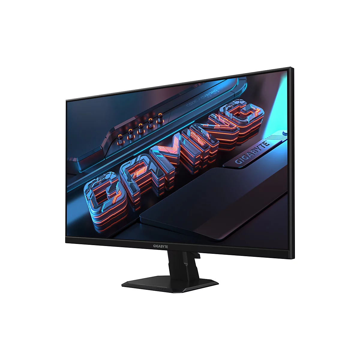 Ein Gaming Monitor von Gigabyte, mit neonfarbenen Buchstaben für Gaming vor einem dunklen Hintergrund.
