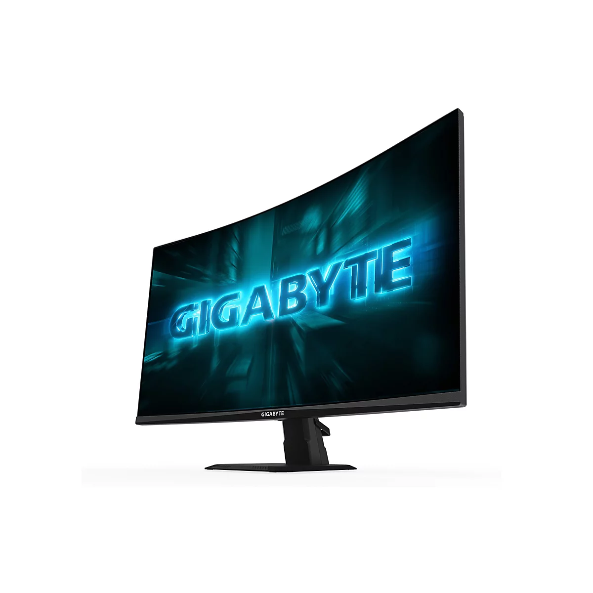 Ein gebogener Gigabyte-Monitor. Auf dem Bildschirm ist das Wort GIGABYTE blau hervorgehoben.