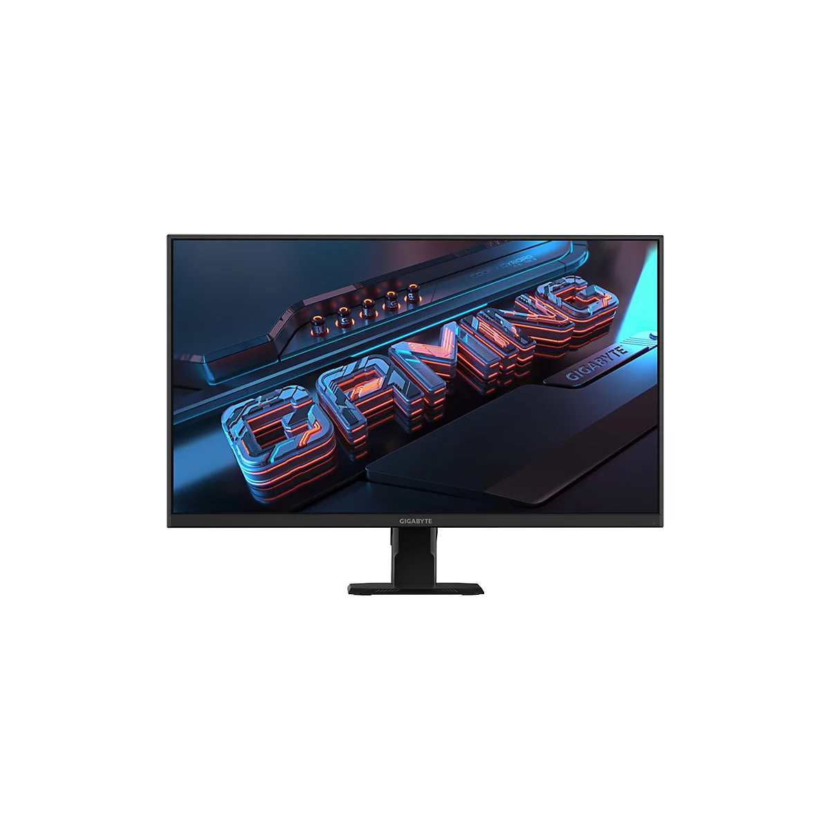 Schwarzer Gaming-Monitor mit blauem Hintergrund. Der Schriftzug "GAME" leuchtet rot-blau, darunter steht "GIGABYTE".