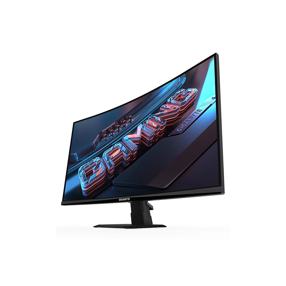 Ein gebogener Gaming-Monitor, der auf einem weißen Hintergrund aus einer leicht diagonalen Perspektive abgebildet ist. Der Bildschirm zeigt den Schriftzug "GAMING" mit einem leuchtenden, neonfarbenen Design.