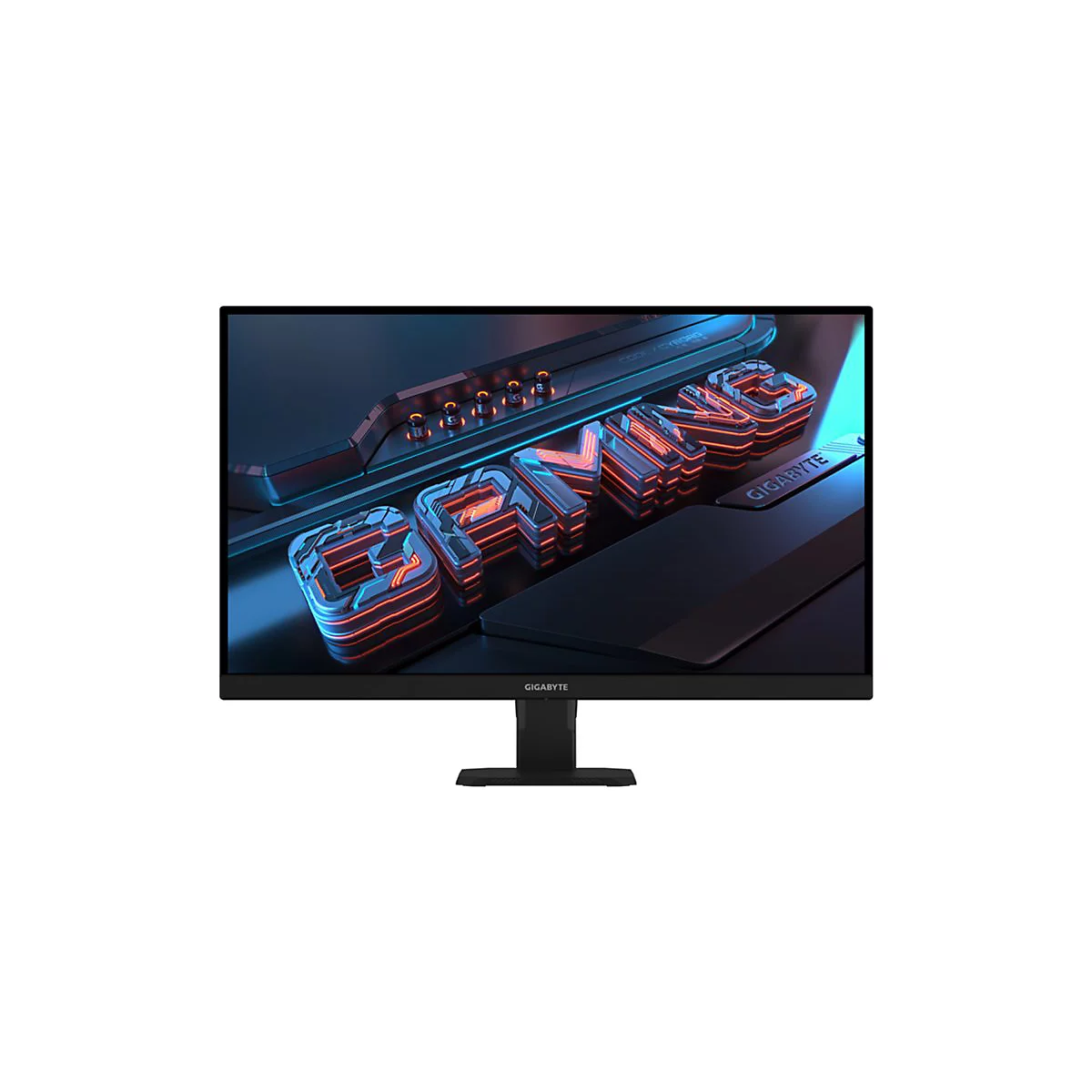 Schwarzer Gaming Monitor mit roter Beleuchtung. Auf dem Bildschirm ist das Wort "GAMING" sowie der Schriftzug "GIGABYTE" zu sehen.