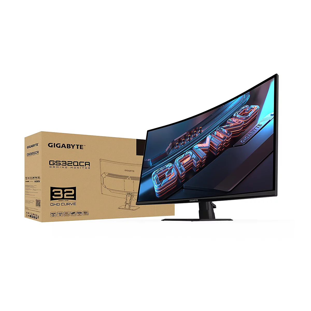 Gigabyte GS32QCA Gaming-Monitor neben seiner Produktverpackung vor weißem Hintergrund.