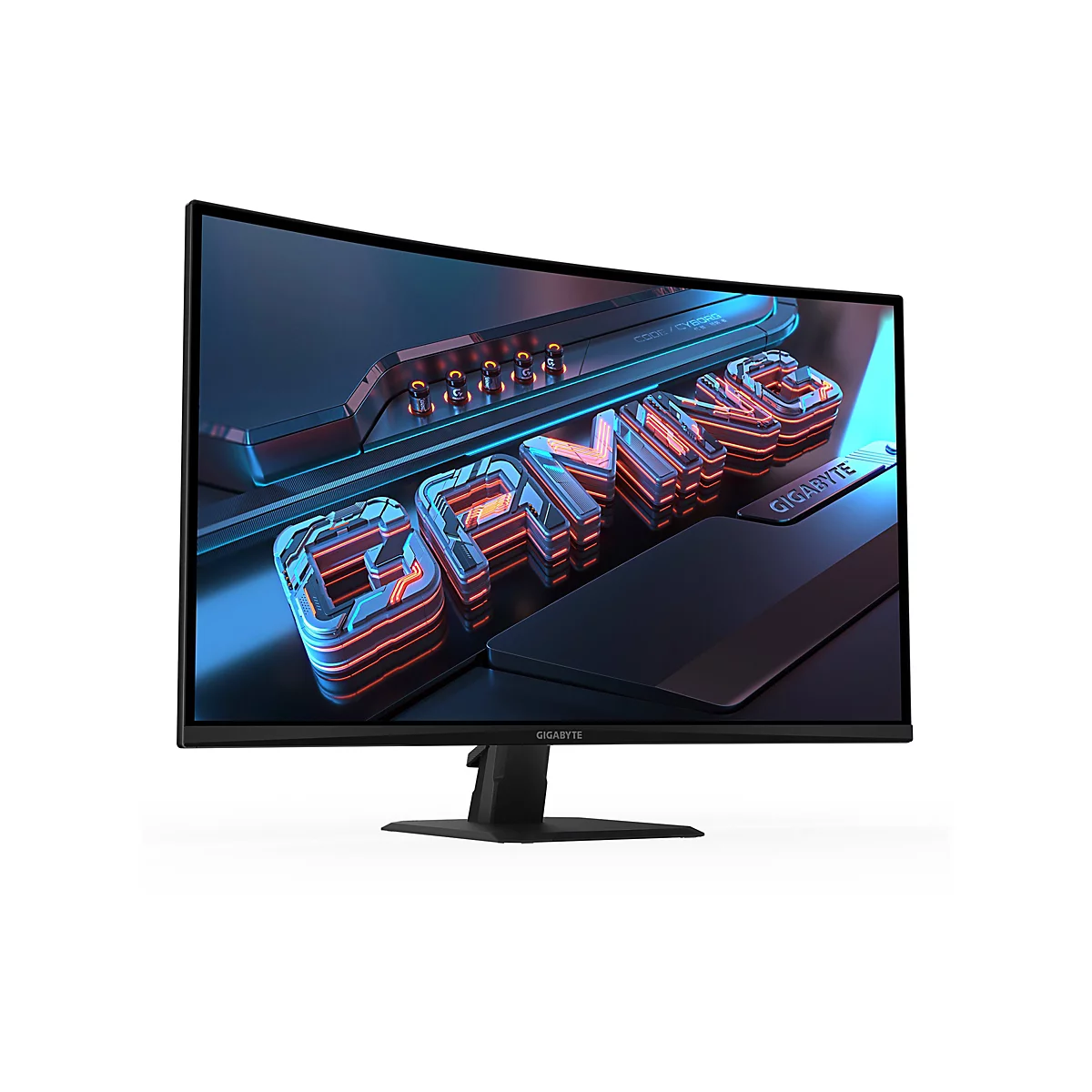 Ein Gaming Monitor mit Wort "GAMING" im Fokus. Auf dem Bildschirm sind leuchtende blaue und rote Elemente zu sehen, die an ein futuristisches Design erinnern. Das Wort "GIGABYTE" ist unten rechts auf dem Monitor zu sehen.