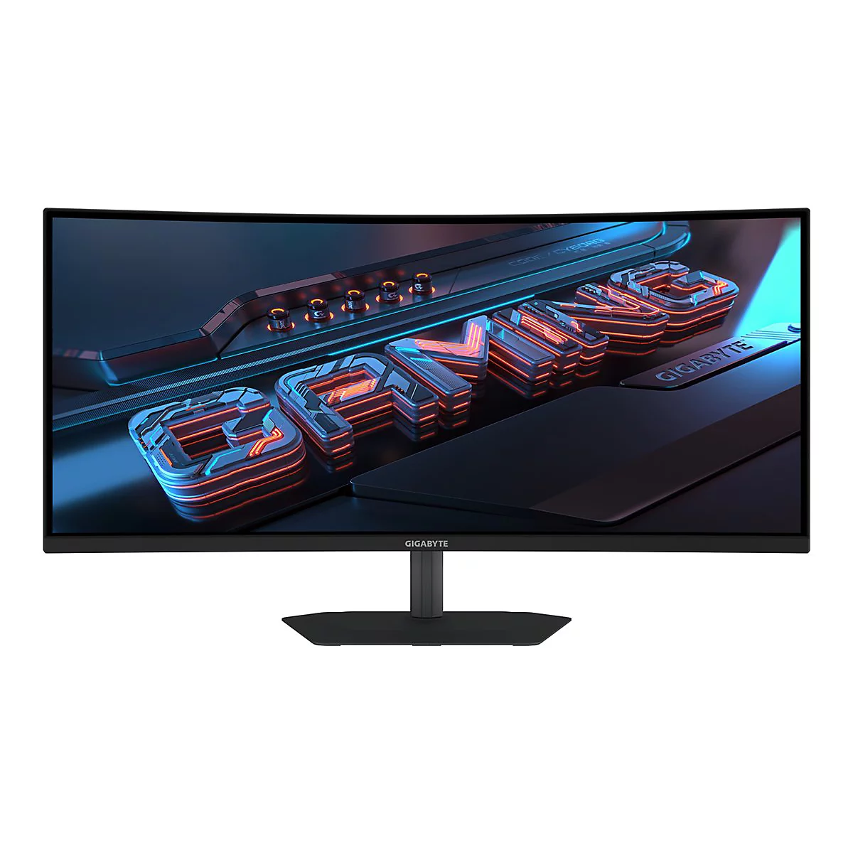 Gebogener Gaming-Monitor mit leuchtendem Gaming-Schriftzug. Das Gigabyte Logo ist am unteren Rand platziert.