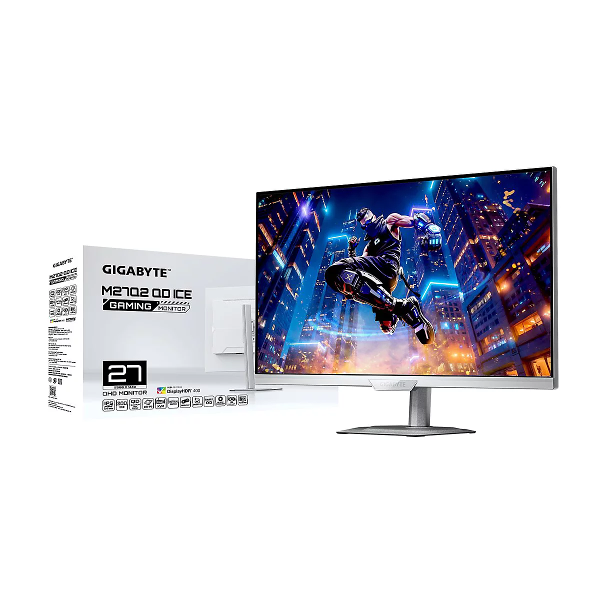 Gigabyte M27Q2 QD Ice Gaming-Monitor mit weißem Rahmen und Display-Inhalt vor der Produktverpackung.