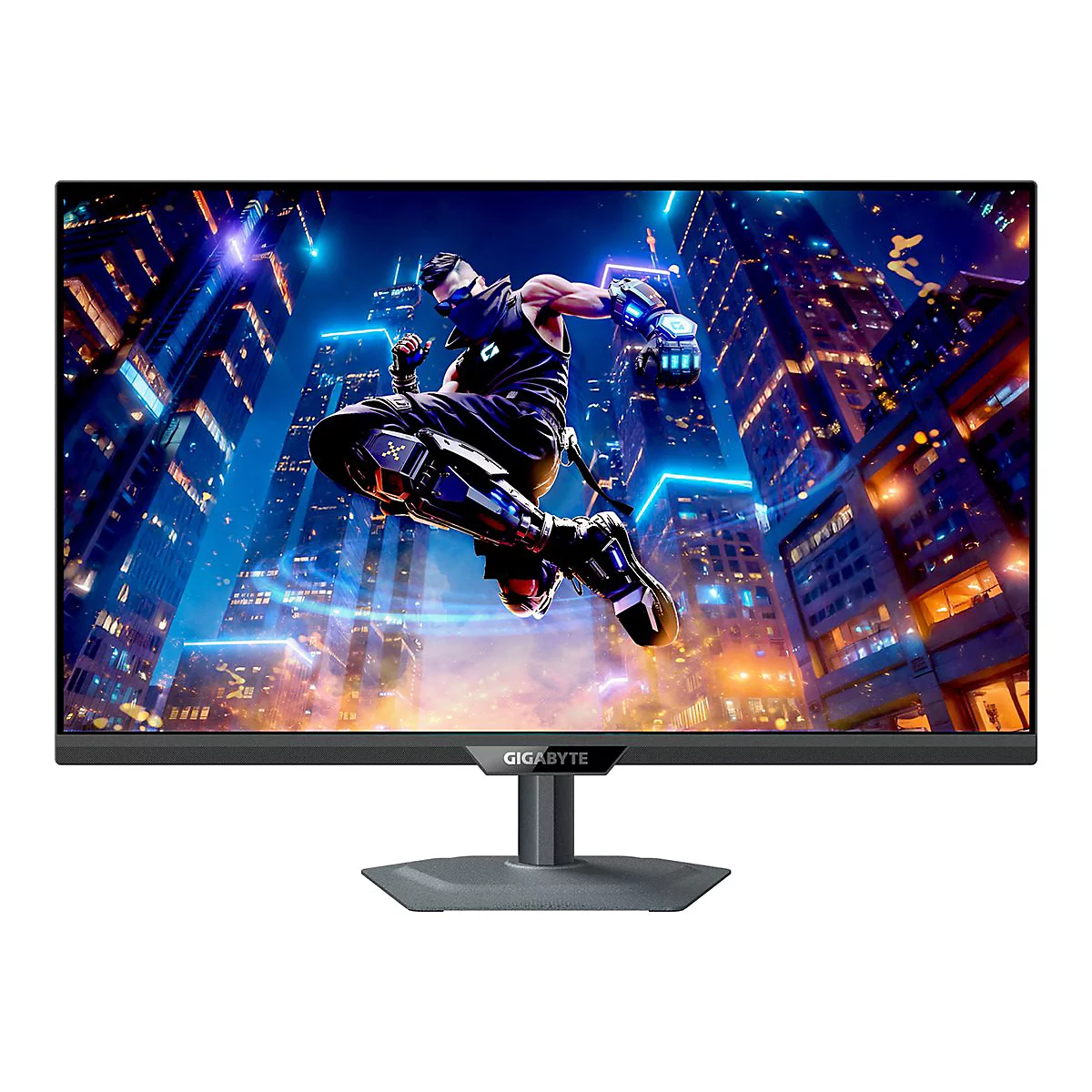 Monitor mit Gaming-Szene. Ein Ninja springt vor Stadtkulisse. Der Monitor hat den Schriftzug 'GIGABYTE'.
