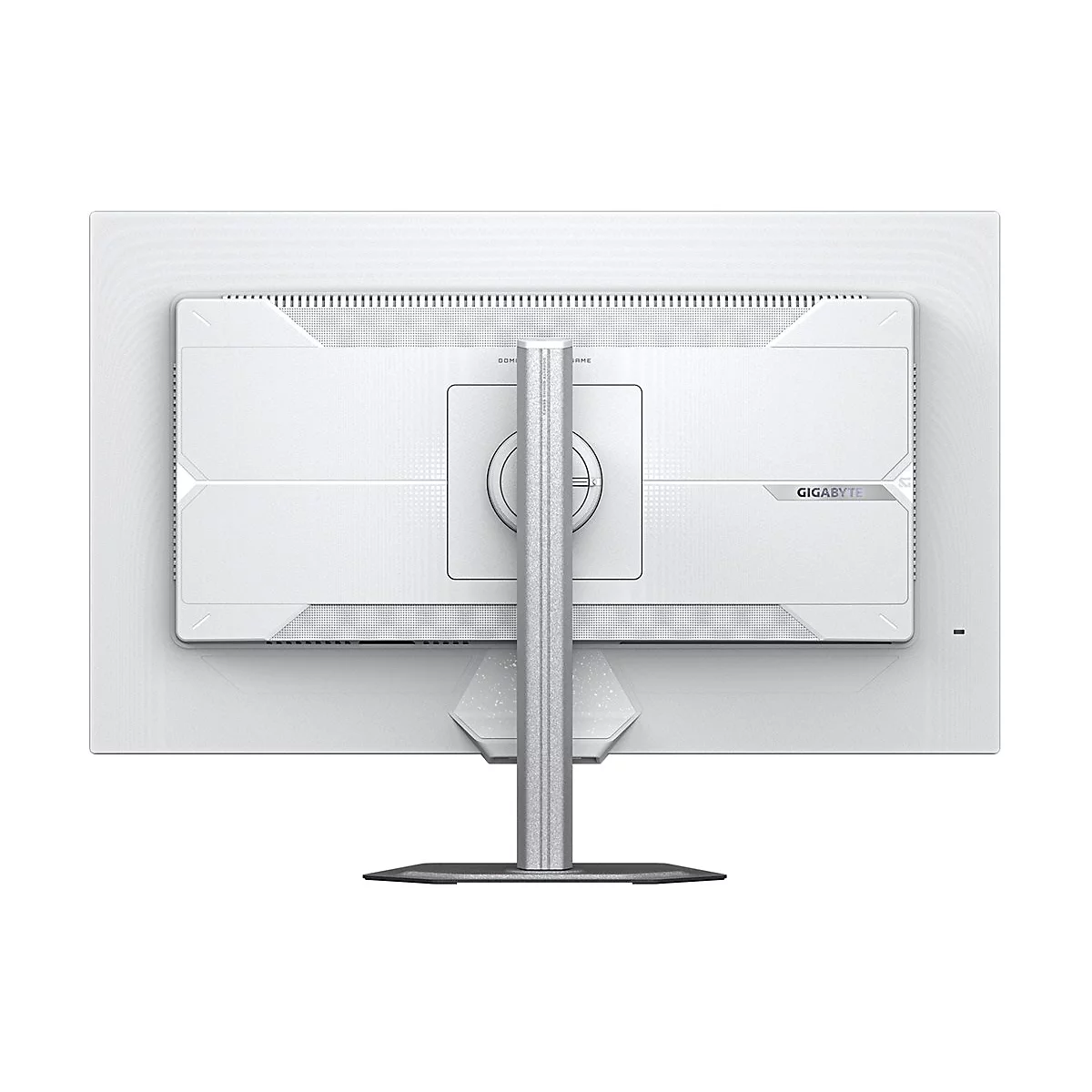 Rückseite eines weißen Gaming-Monitors. Ein Standfuß trägt das Gerät. Logo von Gigabyte.