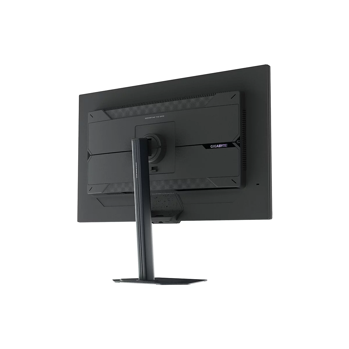 Un moniteur noir, vu de dos, avec un pied. Texte : "Dominating the Game", "GIGABYTE".