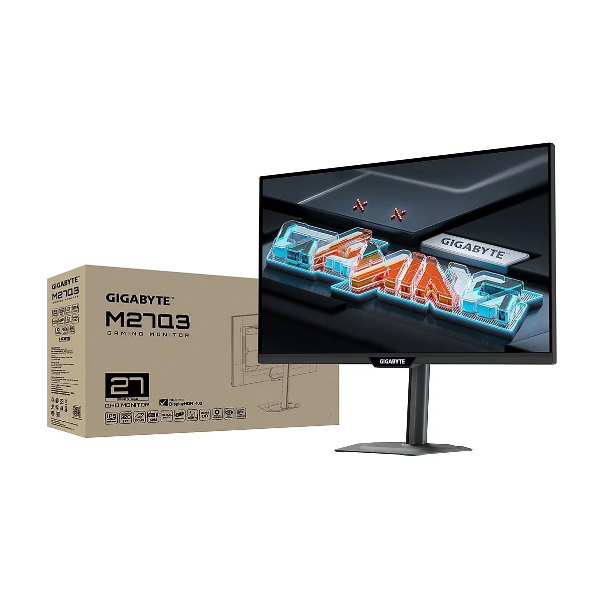 Ein Gigabyte M27Q3 Gaming Monitor mit Verpackung. Auf dem Bildschirm ist das Wort "GAMING" in 3D-Optik zu sehen.