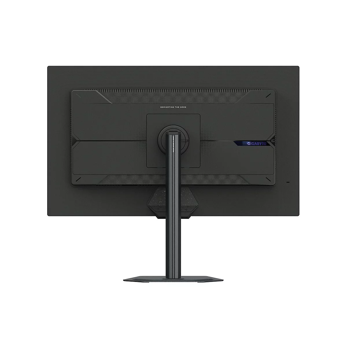 Schwarzer Gaming Monitor, Rückseite. Schriftzug: GIGABYTE, DOMINATING THE GAME.
