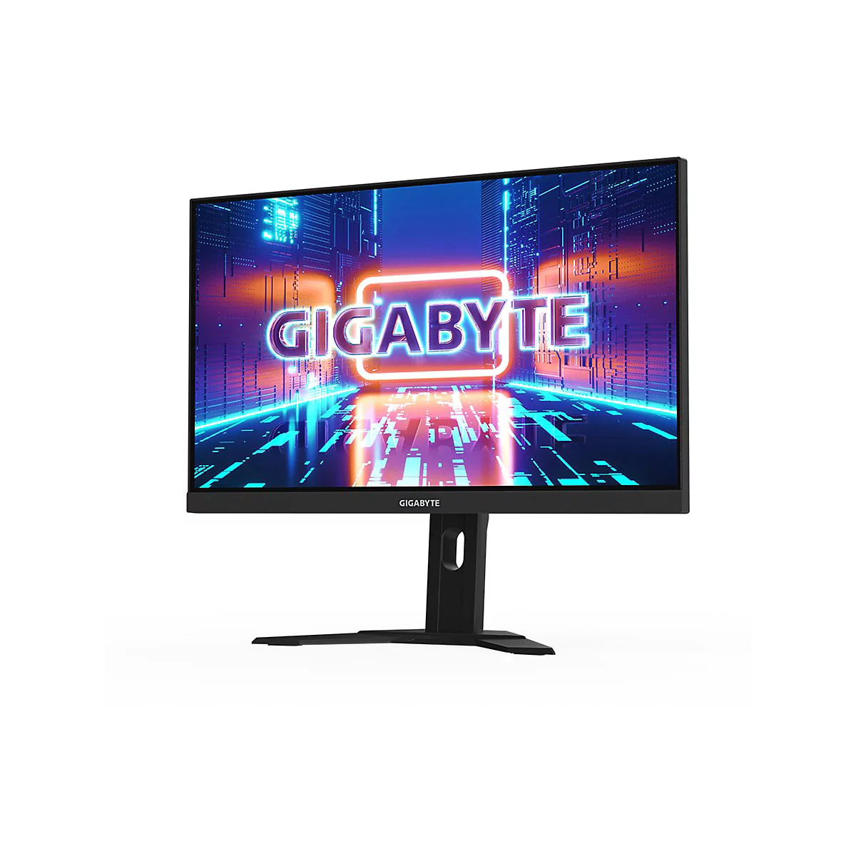 Schwarzer Monitor mit dem Logo GIGABYTE auf dem Bildschirm, vor weißem Hintergrund.
