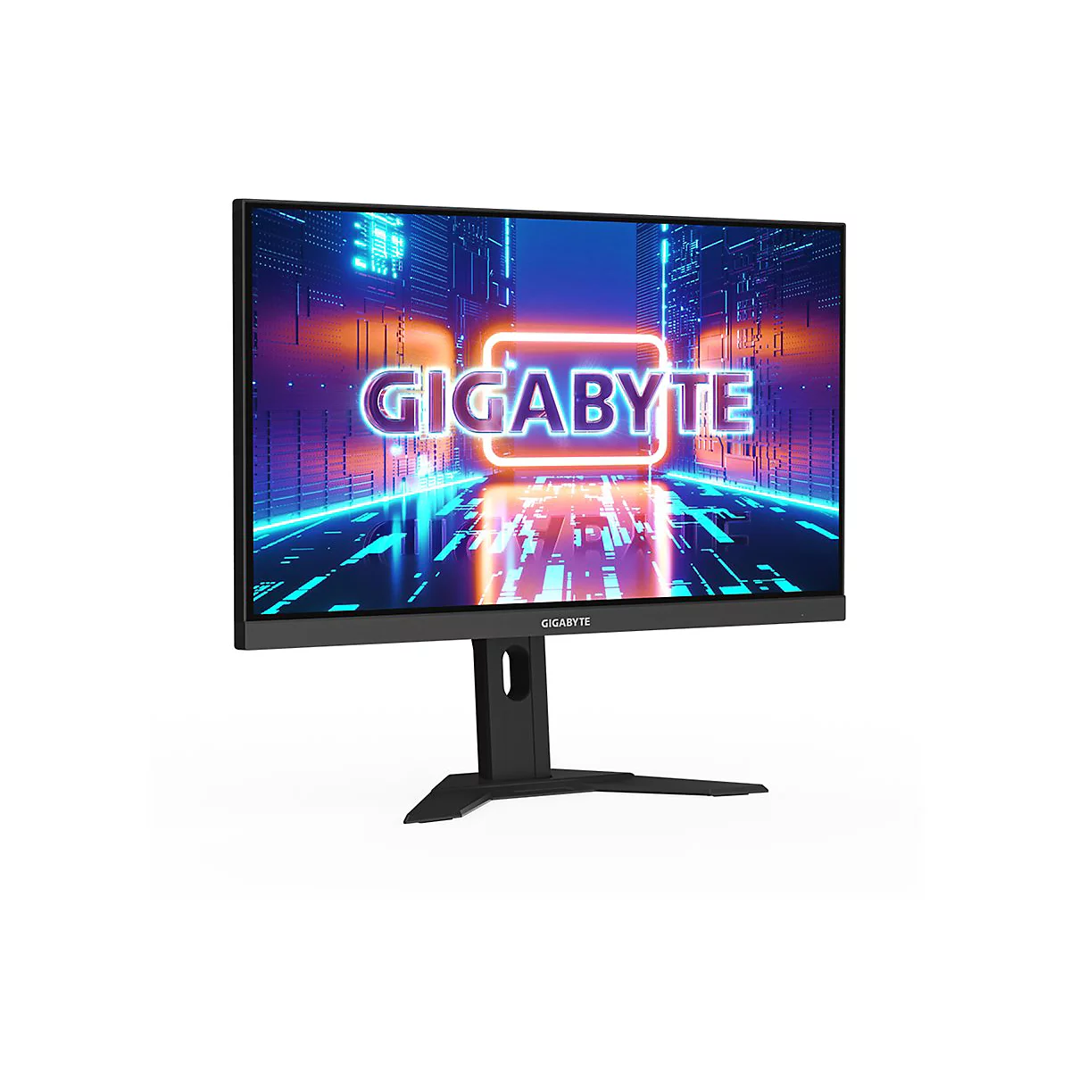 Schwarzer Monitor mit "GIGABYTE"-Logo, auf einem weißen Hintergrund. Der Bildschirm zeigt eine futuristische Grafik.