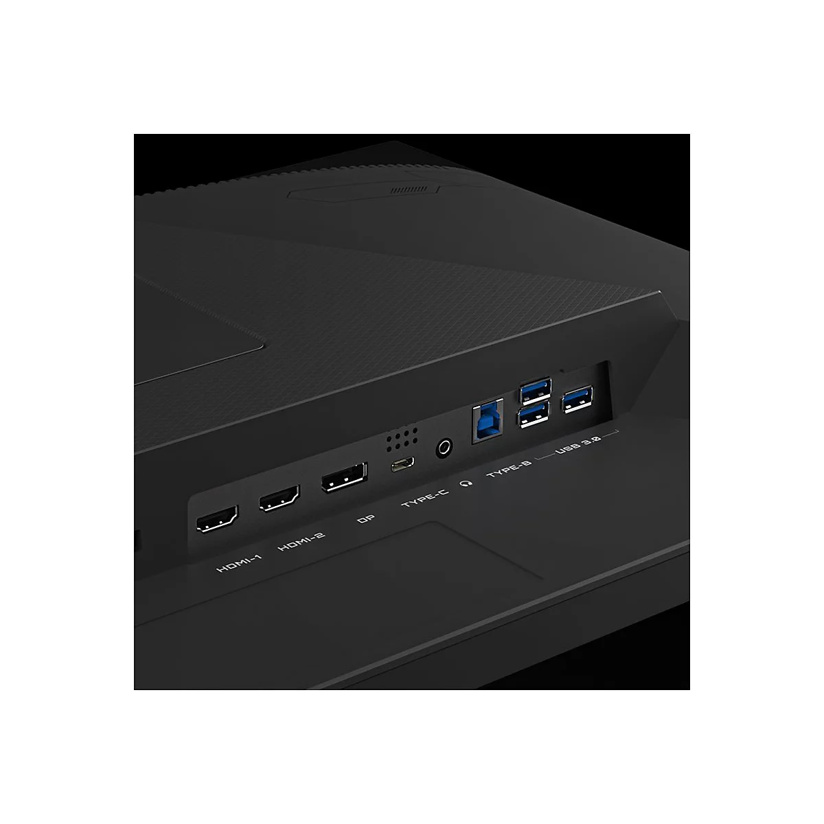 Nahaufnahme der Rückseite eines schwarzen Monitors mit Anschlüssen: HDMI, DP, USB-C, USB-B und USB 3.0.