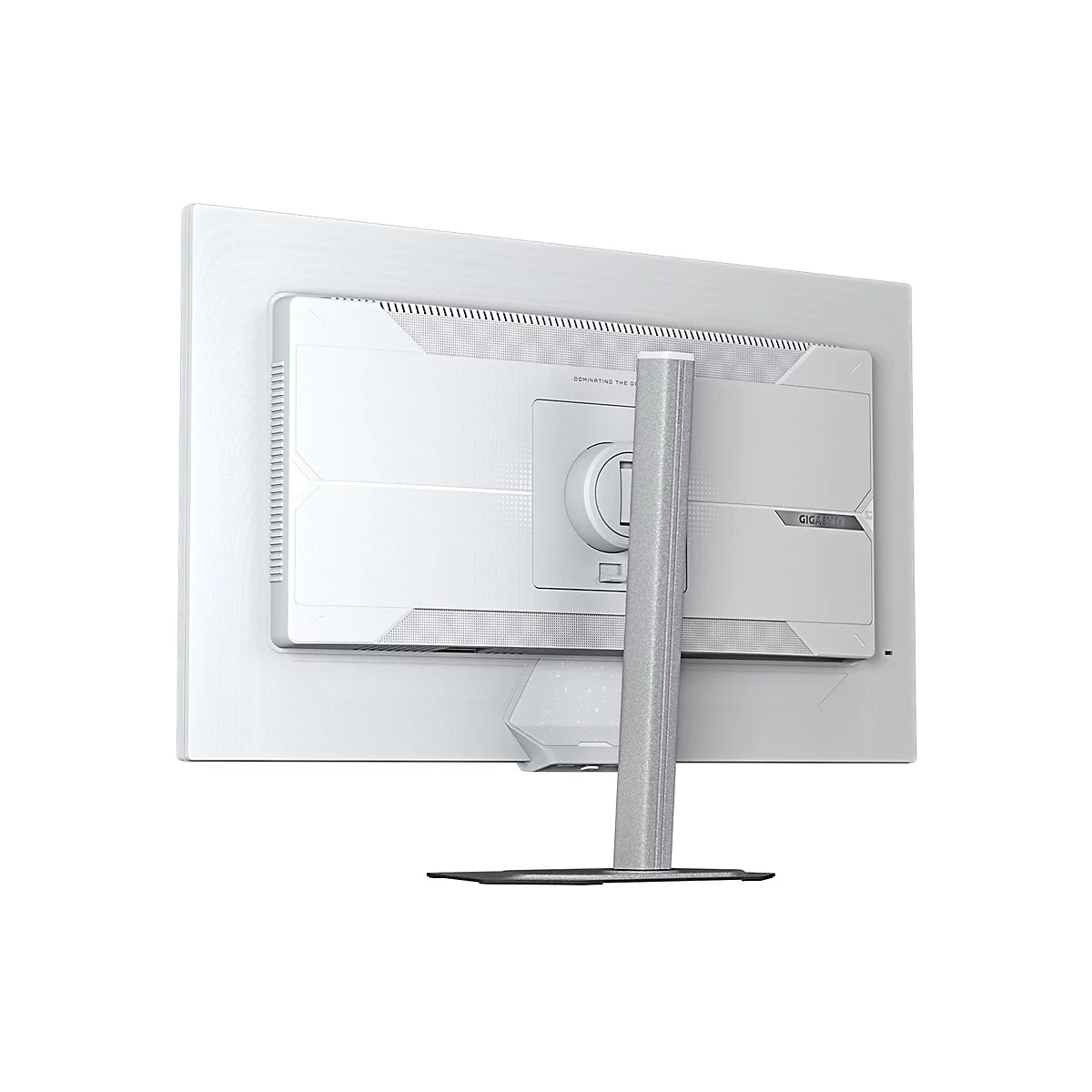 Rückansicht eines weißen Monitors mit silbernem Ständer, Logo "GIGABYTE".