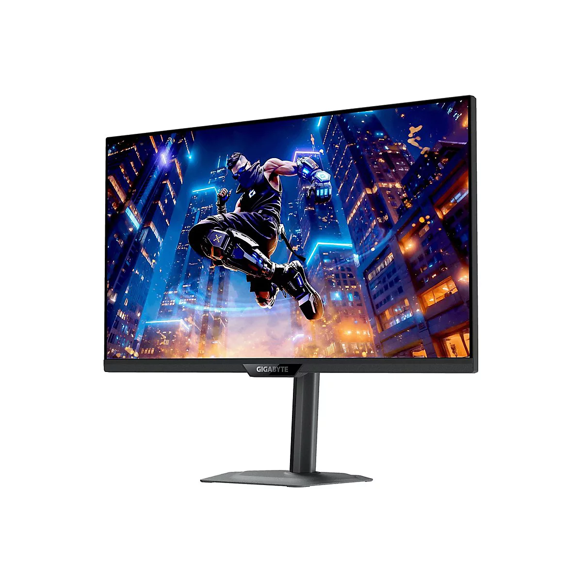 Gigabyte Gaming-Monitor mit schmalem Rahmen zeigt eine futuristische Stadtlandschaft und einen springenden Charakter.