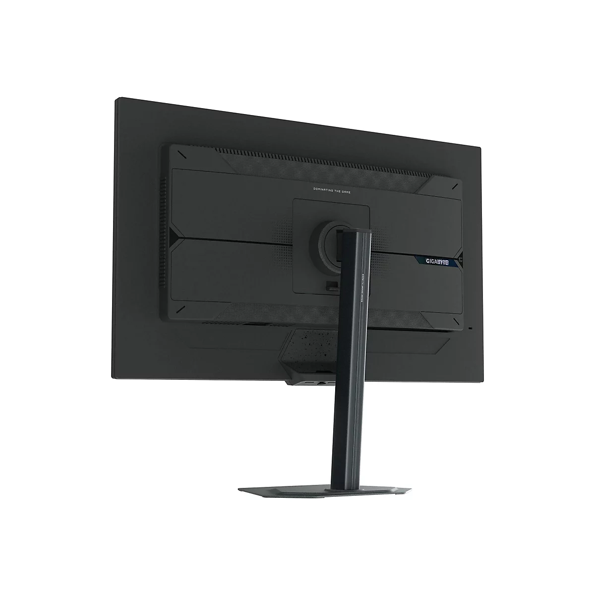 Rückansicht eines schwarzen Gigabyte Gaming-Monitors mit Standfuß vor weißem Hintergrund.