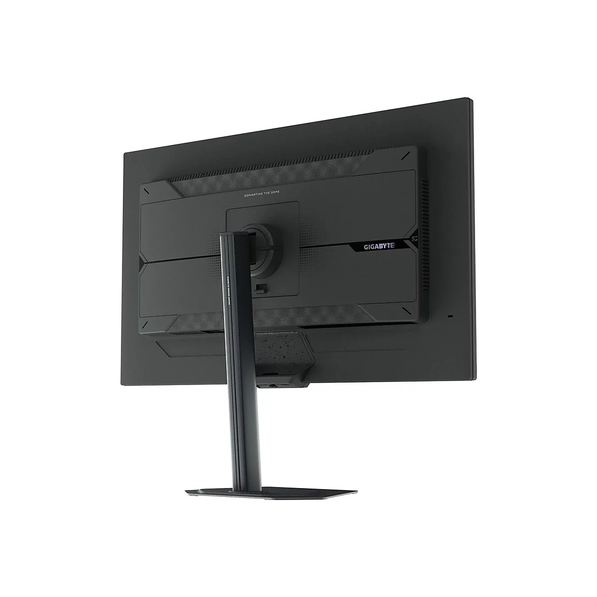 Rückseite eines schwarzen Gigabyte Gaming-Monitors mit Standfuß vor weißem Hintergrund.