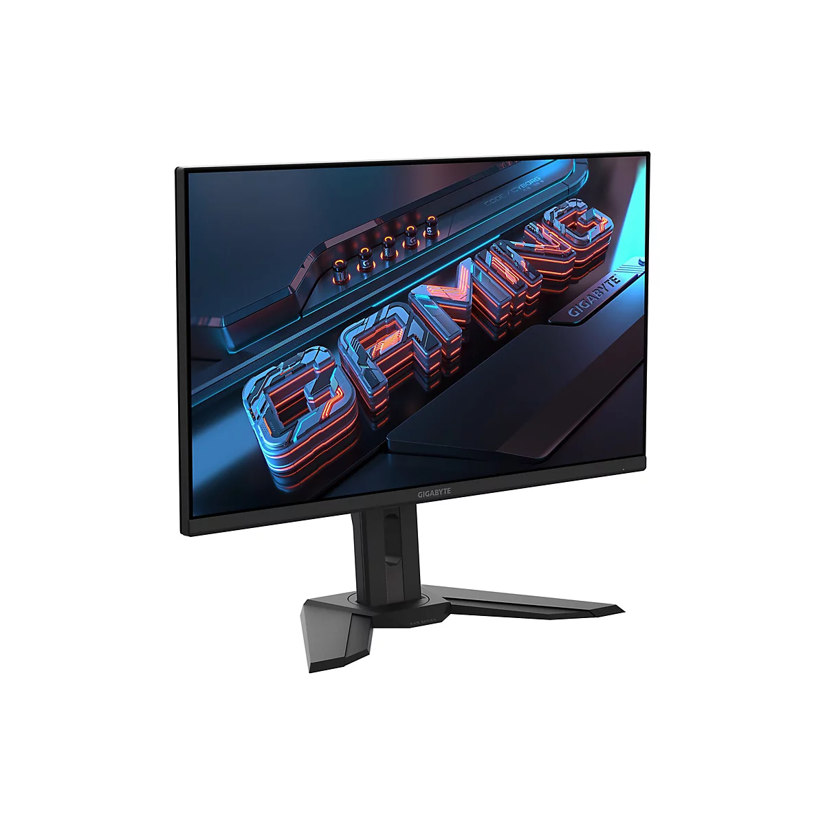 Ein Gaming Monitor mit der Aufschrift "GAMING". Das Display zeigt blaue und rote Farbtöne, und das Markenlogo "GIGABYTE" ist sichtbar.