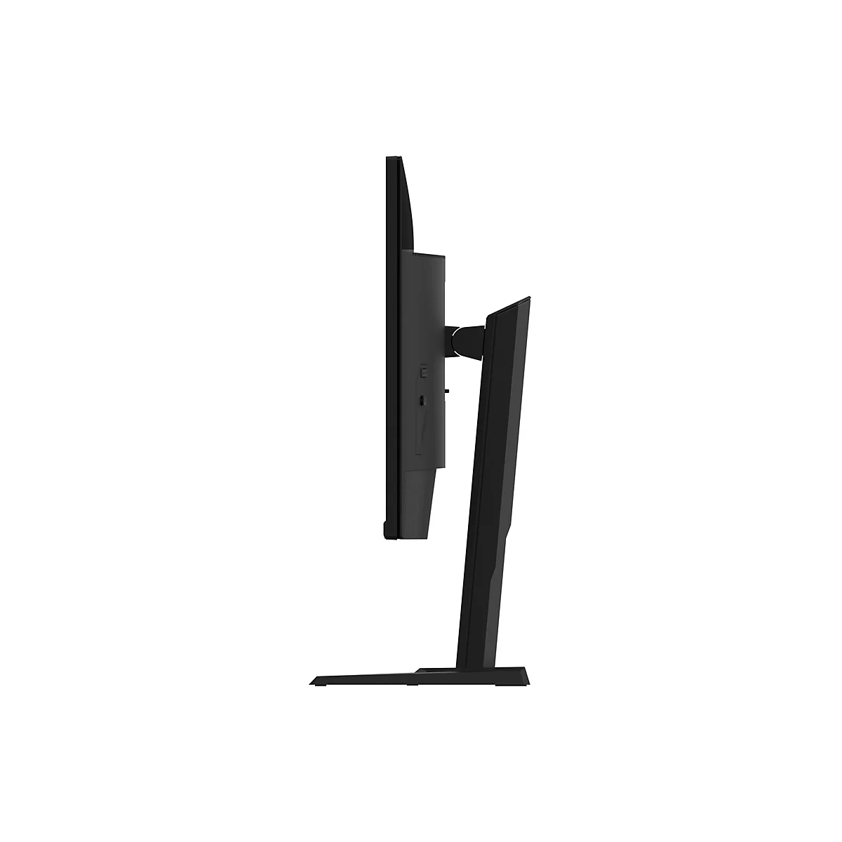 Schwarzer Monitor im Profil, mit Standfuß. Schwarze Farbtöne, weißer Hintergrund.