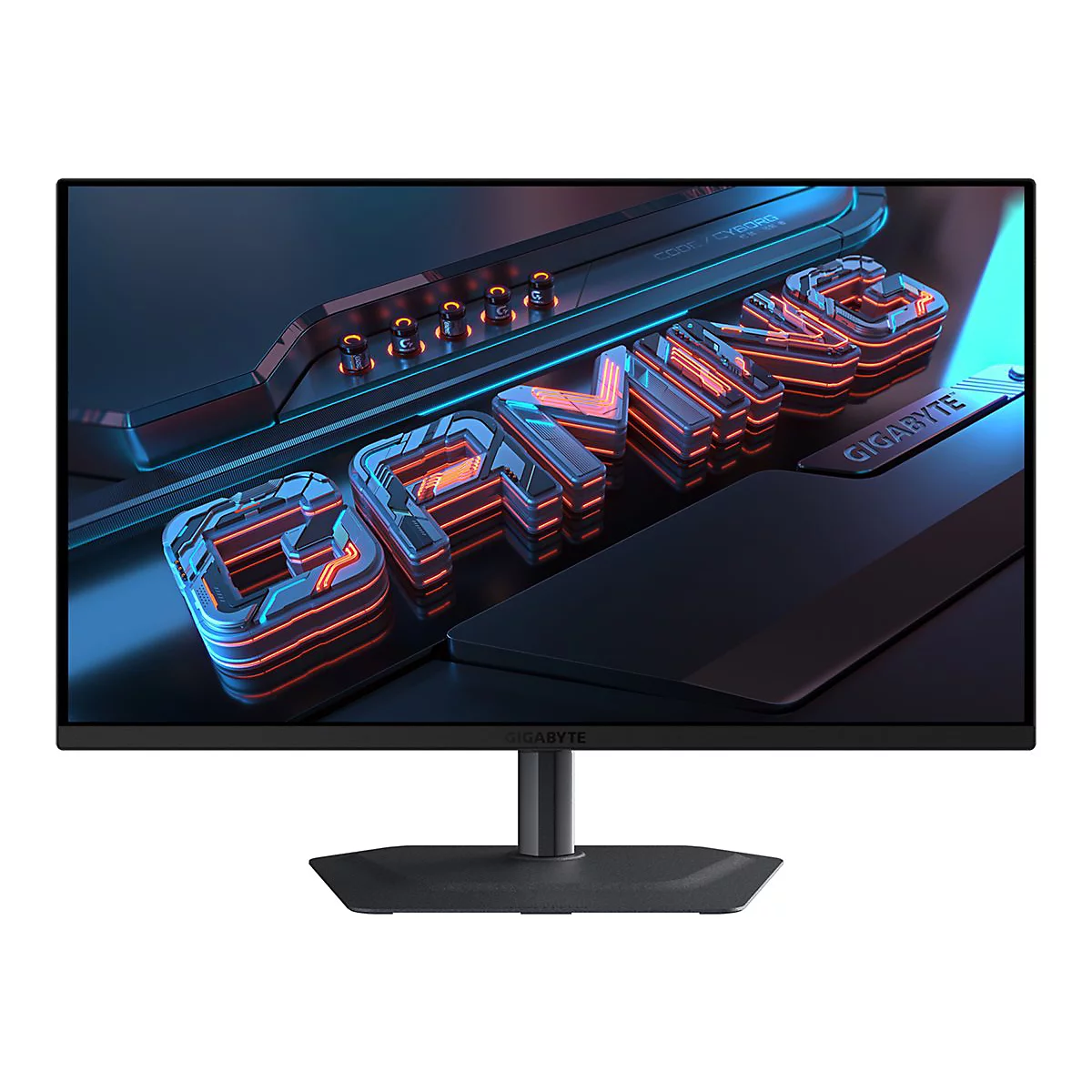 Schwarzer Gaming-Monitor mit blau-orangenen Grafiken, "GAMING" Schriftzug, Standfuß, weißer Hintergrund. Marke: GIGABYTE.