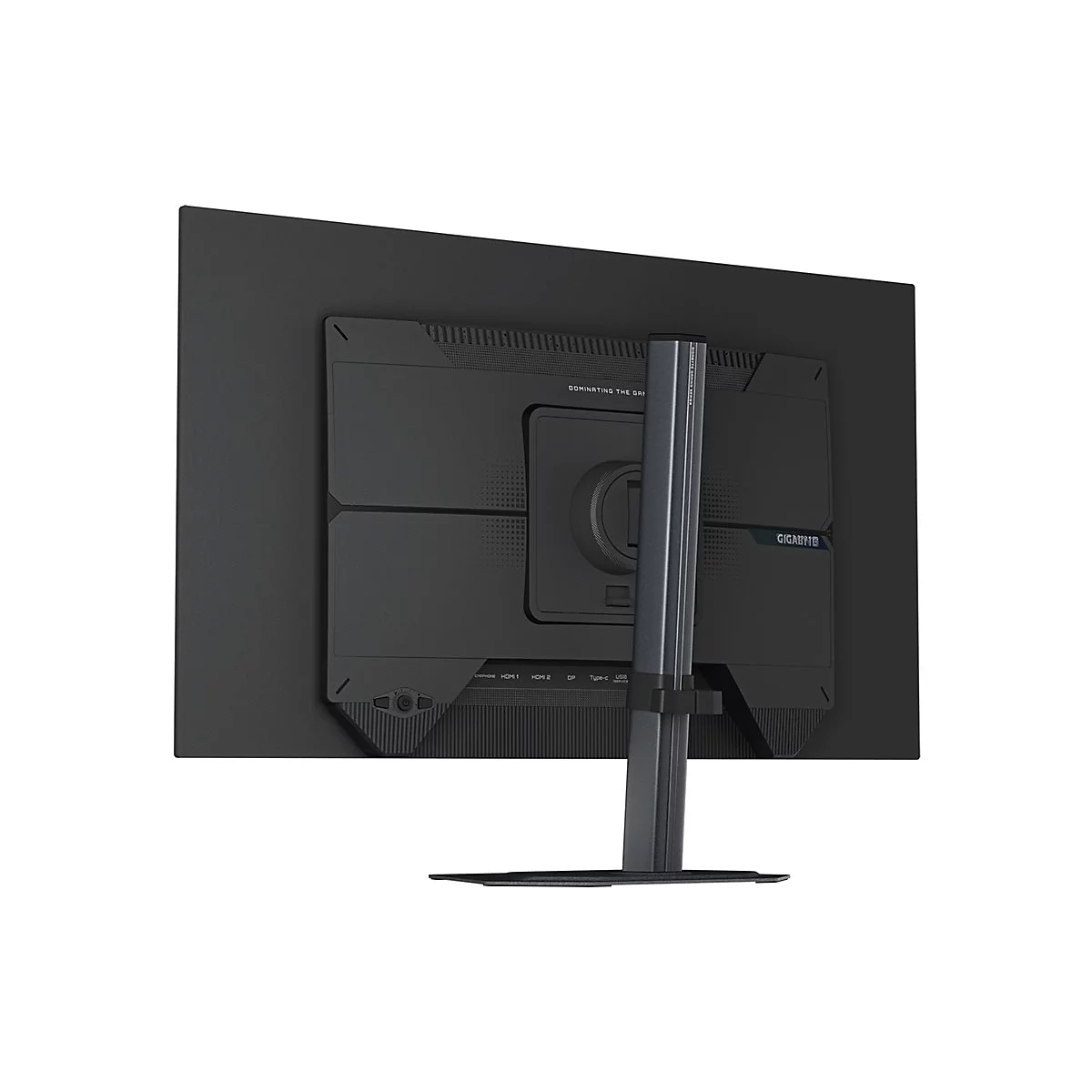 Rückseite eines schwarzen Gigabyte Gaming-Monitors auf einem Standfuß vor weißem Hintergrund.