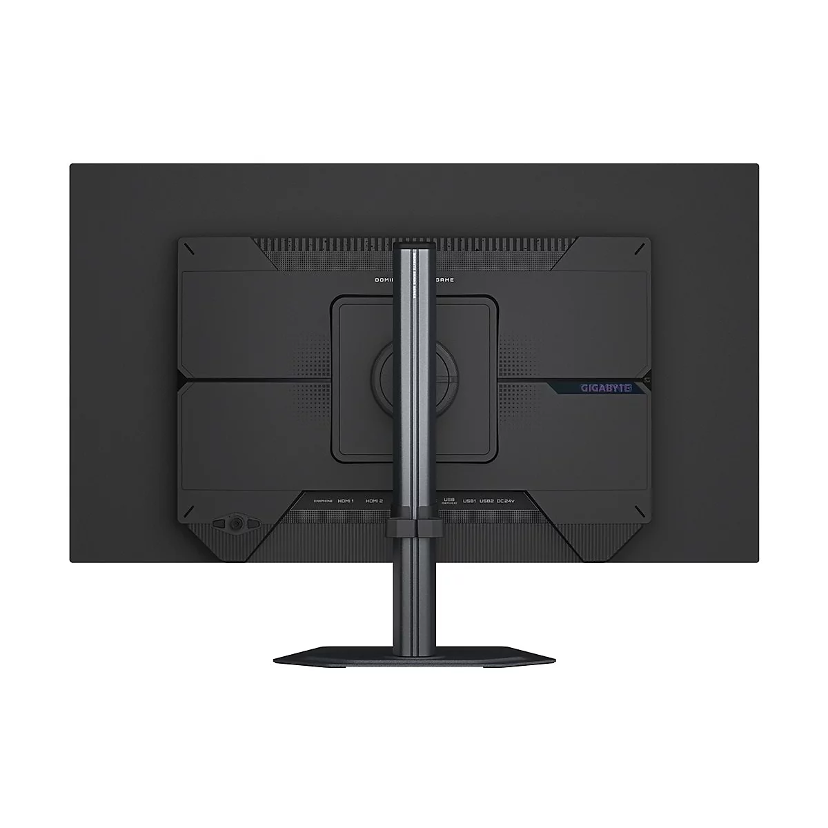 Rückseite eines schwarzen Gaming-Monitors mit Standfuß. Anschlüsse wie HDMI, USB und DC sind beschriftet. Der Monitor zeigt das Gigabyte-Logo.