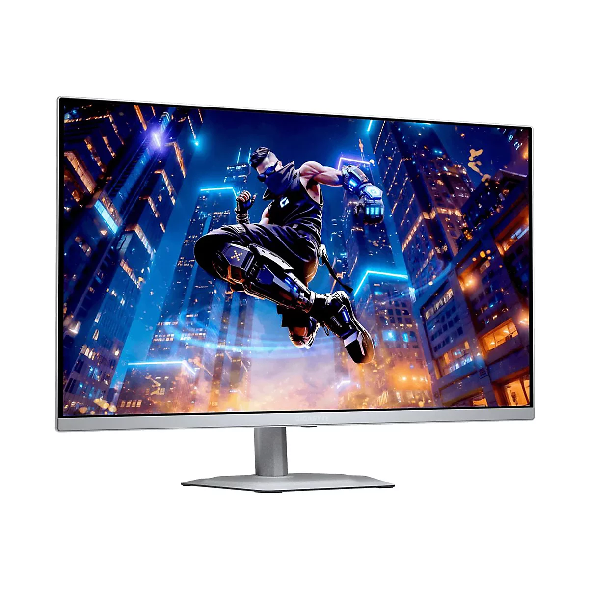 Gigabyte Gaming-Monitor mit dünnem Rahmen vor weißem Hintergrund, zeigt einen Cyberpunk-Charakter in einer Stadt bei Nacht.