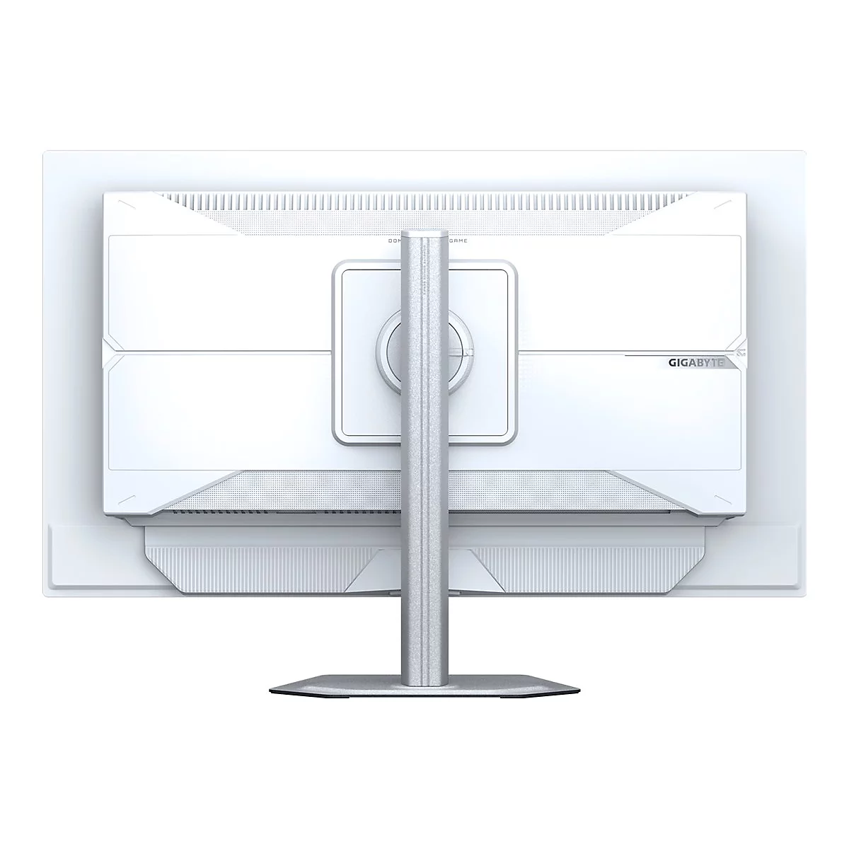 Rückseite eines weißen Gigabyte-Gaming-Monitors mit silbernem Standfuß vor weißem Hintergrund.