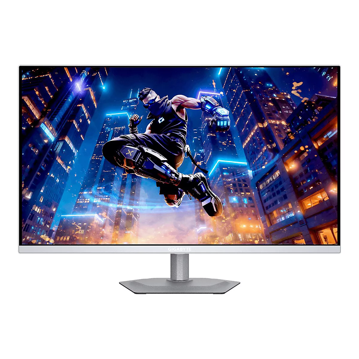 Gigabyte Gaming-Monitor mit schmalem Rahmen, silbernem Standfuß und einer actionreichen Spielszene auf dem Display.