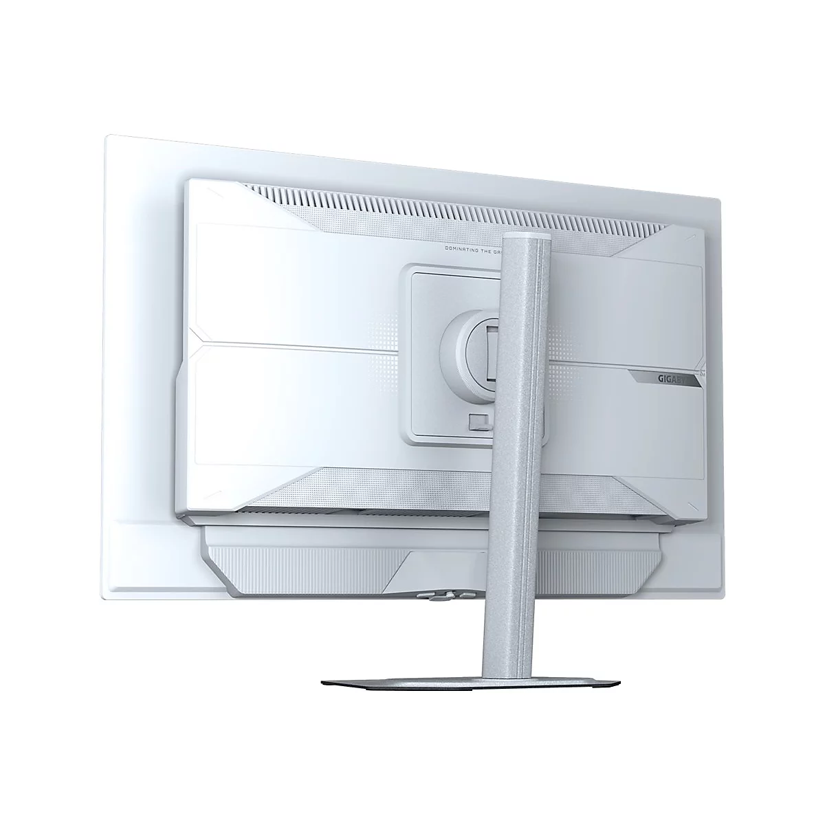 Rückseite eines weißen Gigabyte-Gaming-Monitors auf einem Standfuß vor weißem Hintergrund.