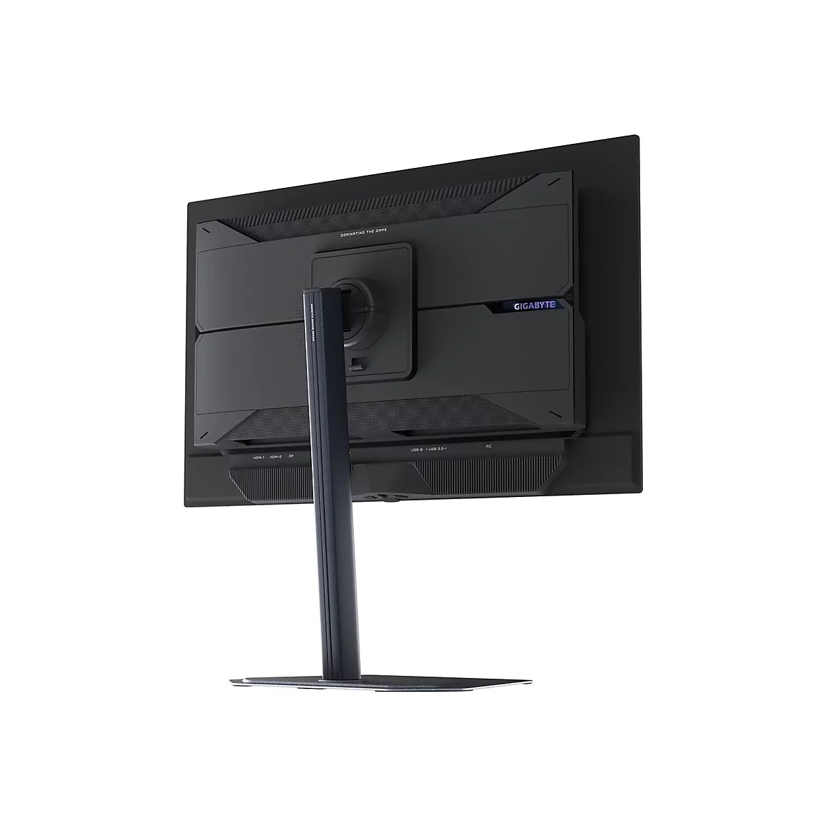 Rückansicht eines schwarzen Gigabyte Gaming-Monitors auf einem schlanken Standfuß vor weißem Hintergrund.