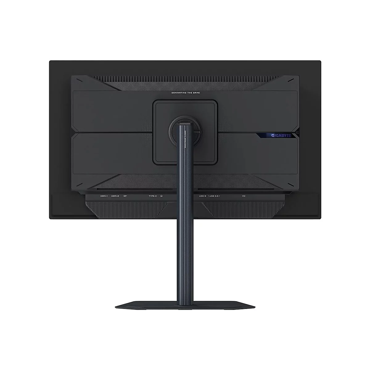 Rückansicht eines schwarzen Gigabyte Gaming-Monitors auf einem Standfuß mit gut sichtbaren Anschlüssen.