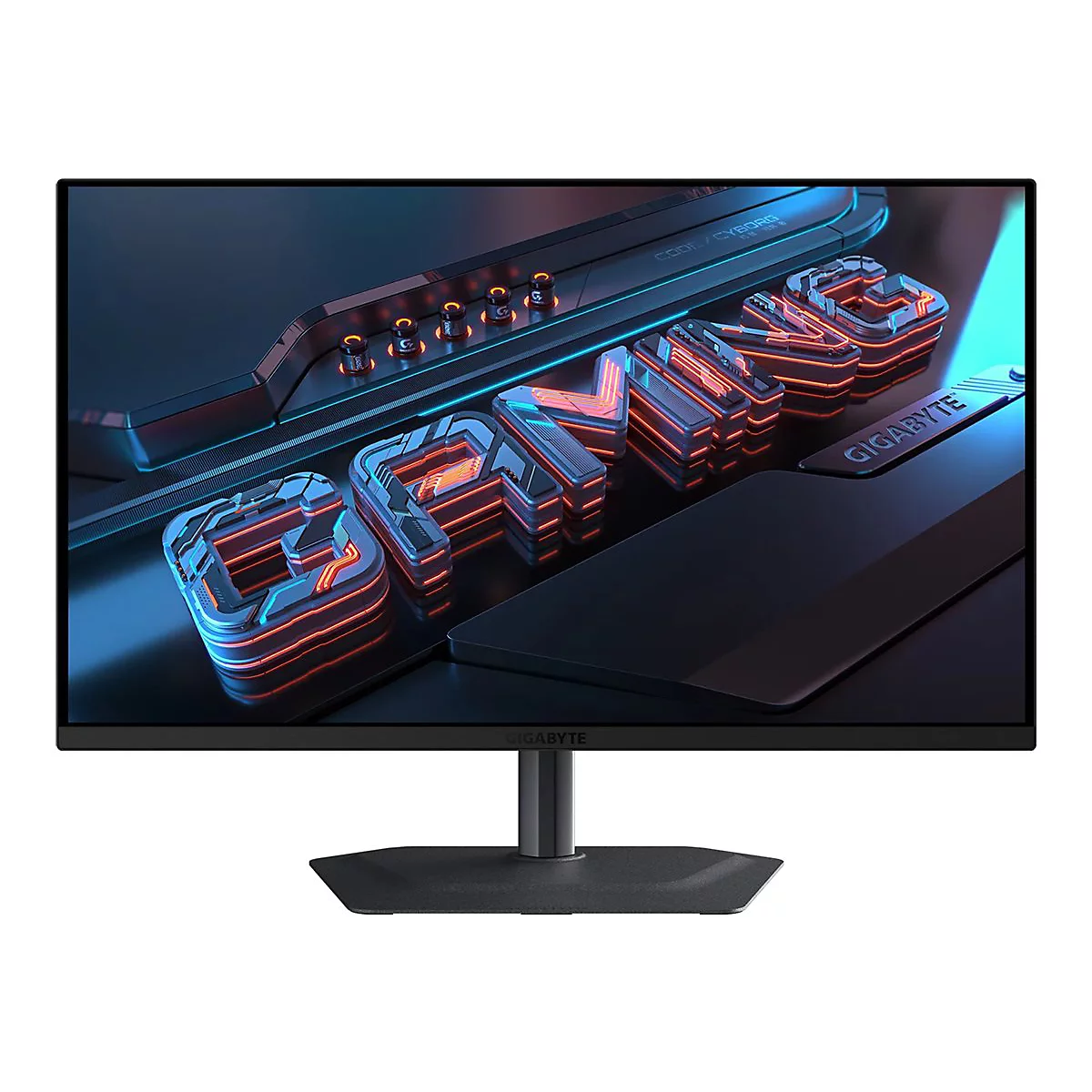 Gigabyte Gaming-Monitor mit dünnem Rahmen auf schwarzem Standfuß vor futuristischem Cyberpunk-Hintergrund.