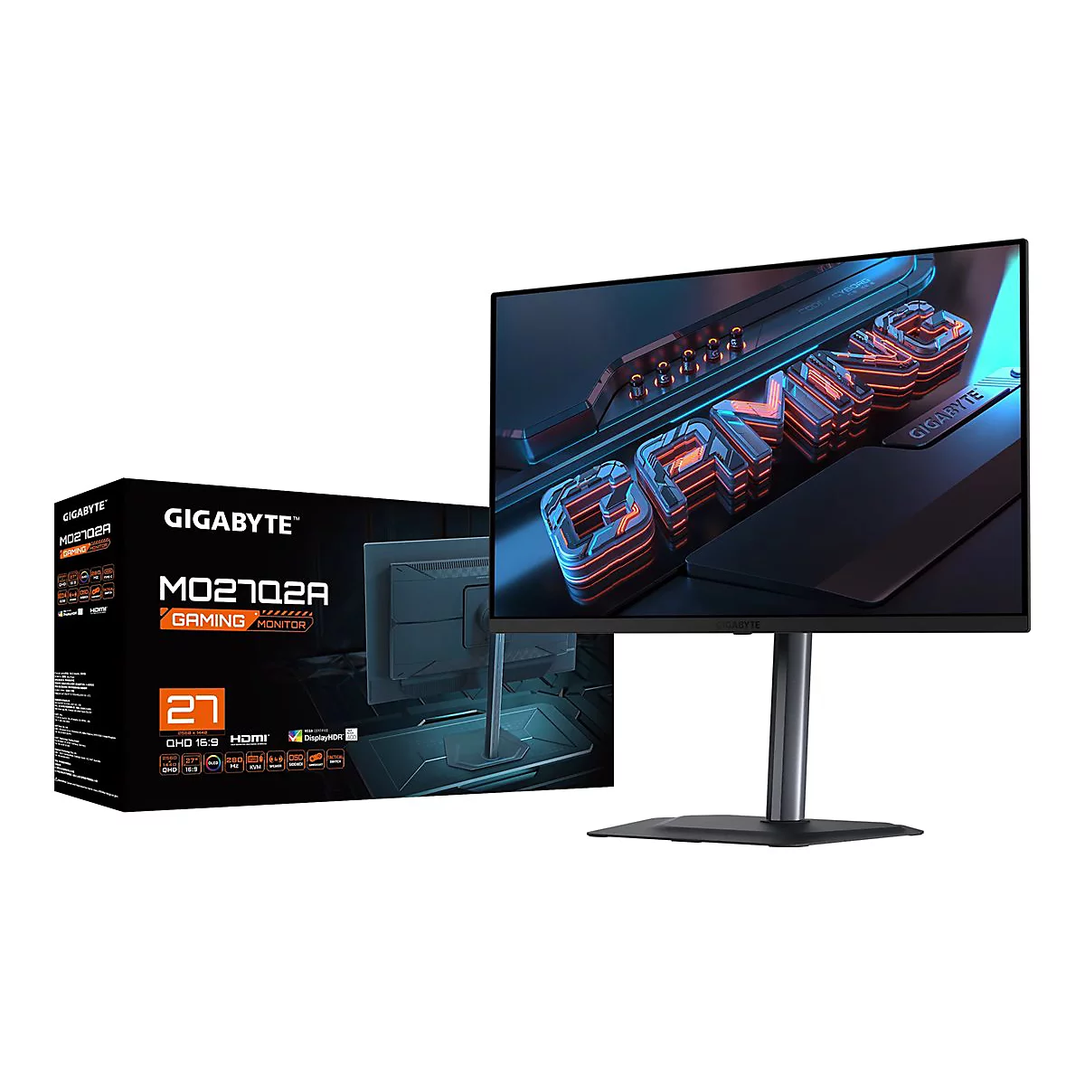 Gigabyte M27Q2A Gaming-Monitor mit Verpackungskarton auf weißem Hintergrund.