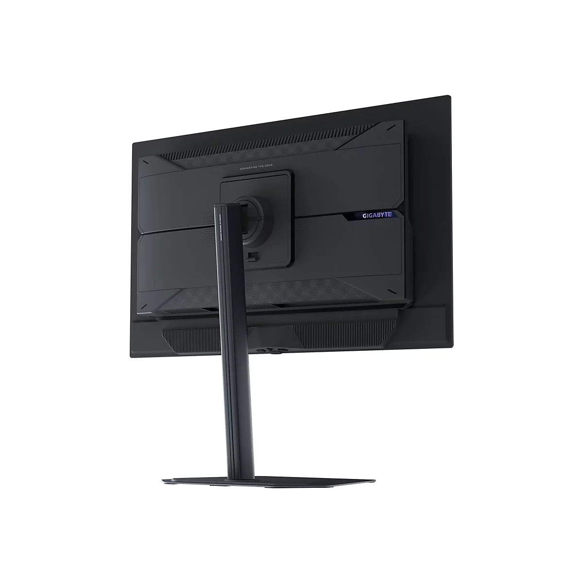Moniteur noir vu de dos, pied, logo 'GIGABYTE' et texte 'CONQUER THE GAME'.