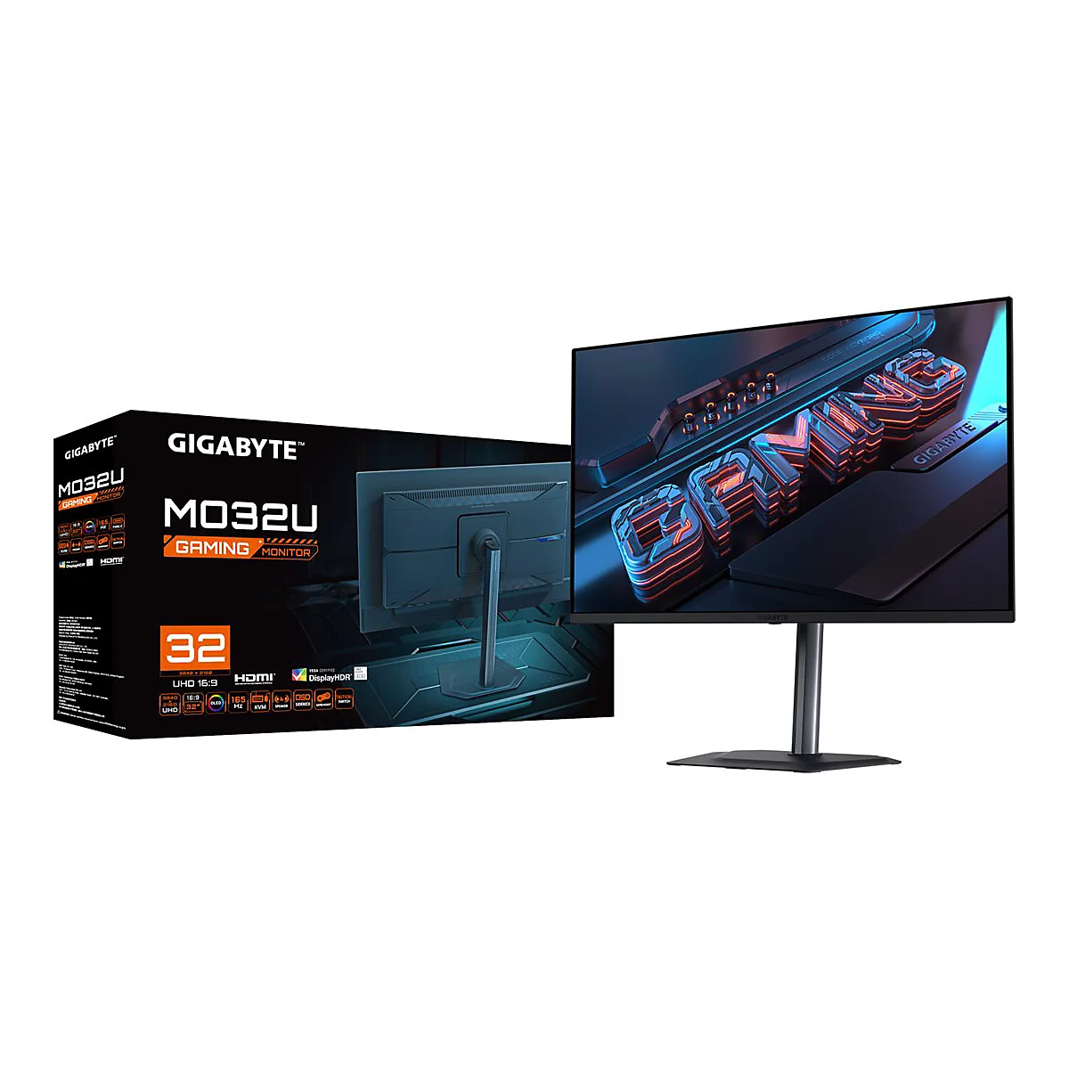 Un moniteur de jeu Gigabyte M032U sur fond blanc. Le moniteur est allumé et affiche le mot "GAMING" avec des lumières néon bleues et rouges.