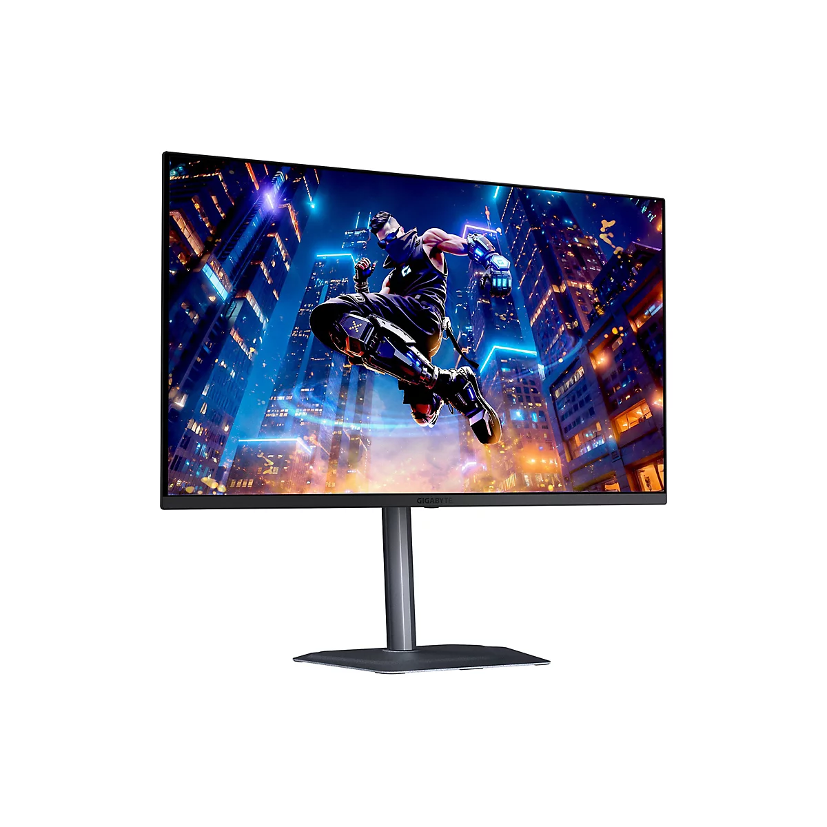 Ein Gaming-Monitor mit einem Bild, das einen futuristischen Charakter vor einer Stadtlandschaft zeigt.