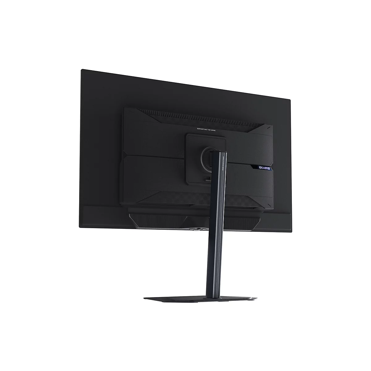 Rückansicht eines schwarzen Gaming-Monitors auf weißem Hintergrund. Der Monitor ist mit einem Standfuß verbunden und trägt das Logo 'GIGABYTE'.