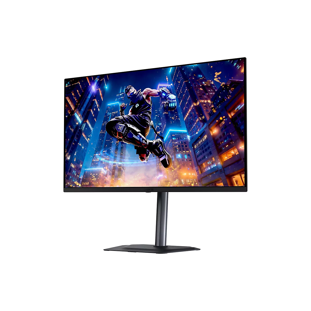 Ein Gaming Monitor mit einem dynamischen Hintergrund. Auf dem Bildschirm ist eine futuristische Szene eines springenden Charakters in einer Stadt dargestellt.