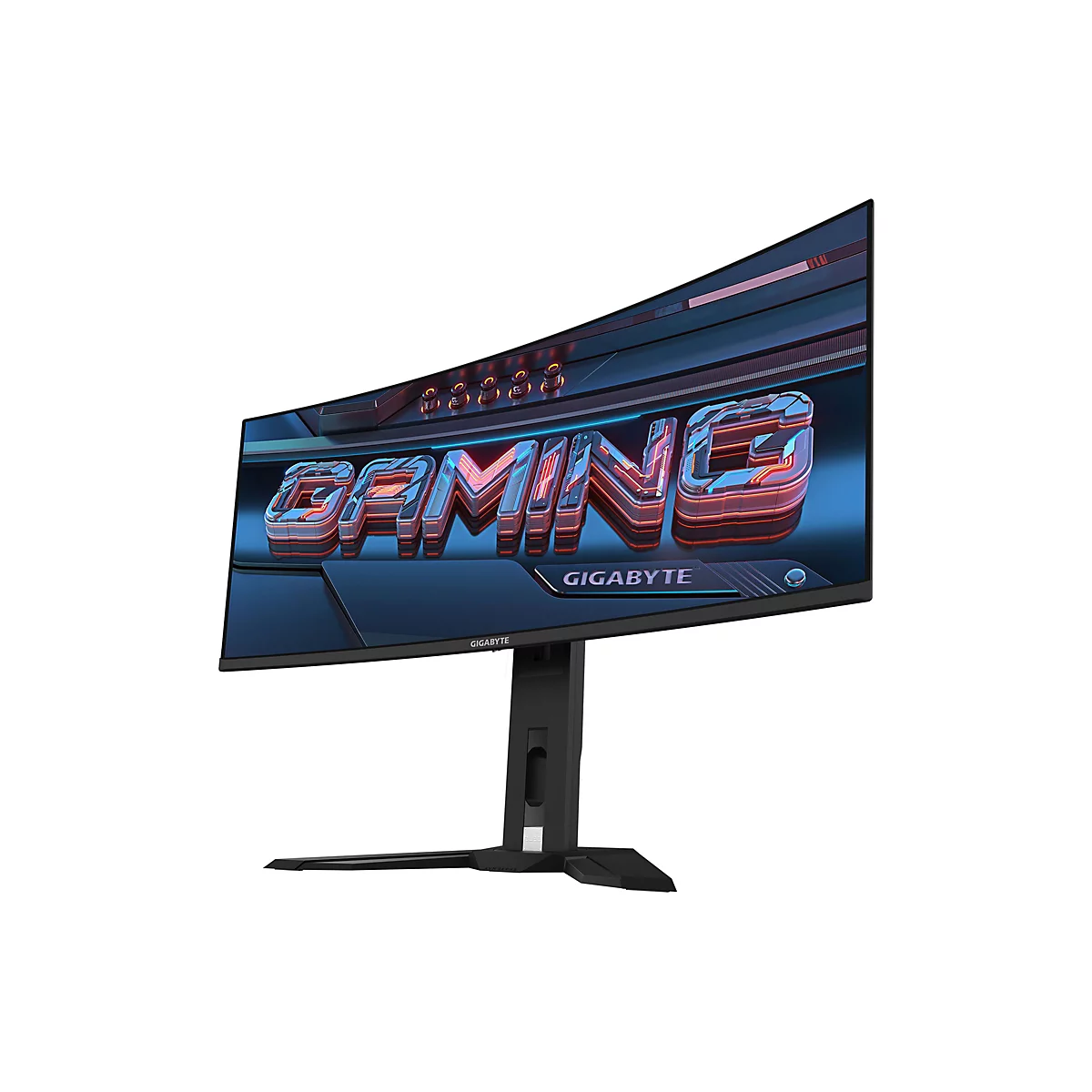 Un écran de gaming incurvé affichant le mot "GAMING" en 3D sur un fond bleu. L'écran est posé sur un fond blanc.