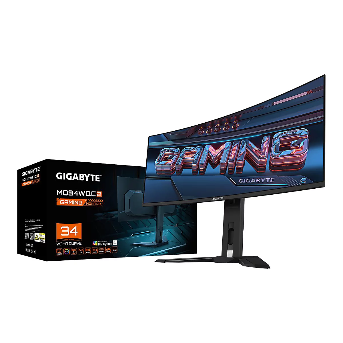 Gigabyte MO34WQC2 Gaming Monitor mit gebogenem Bildschirm neben seiner schwarzen Produktverpackung.