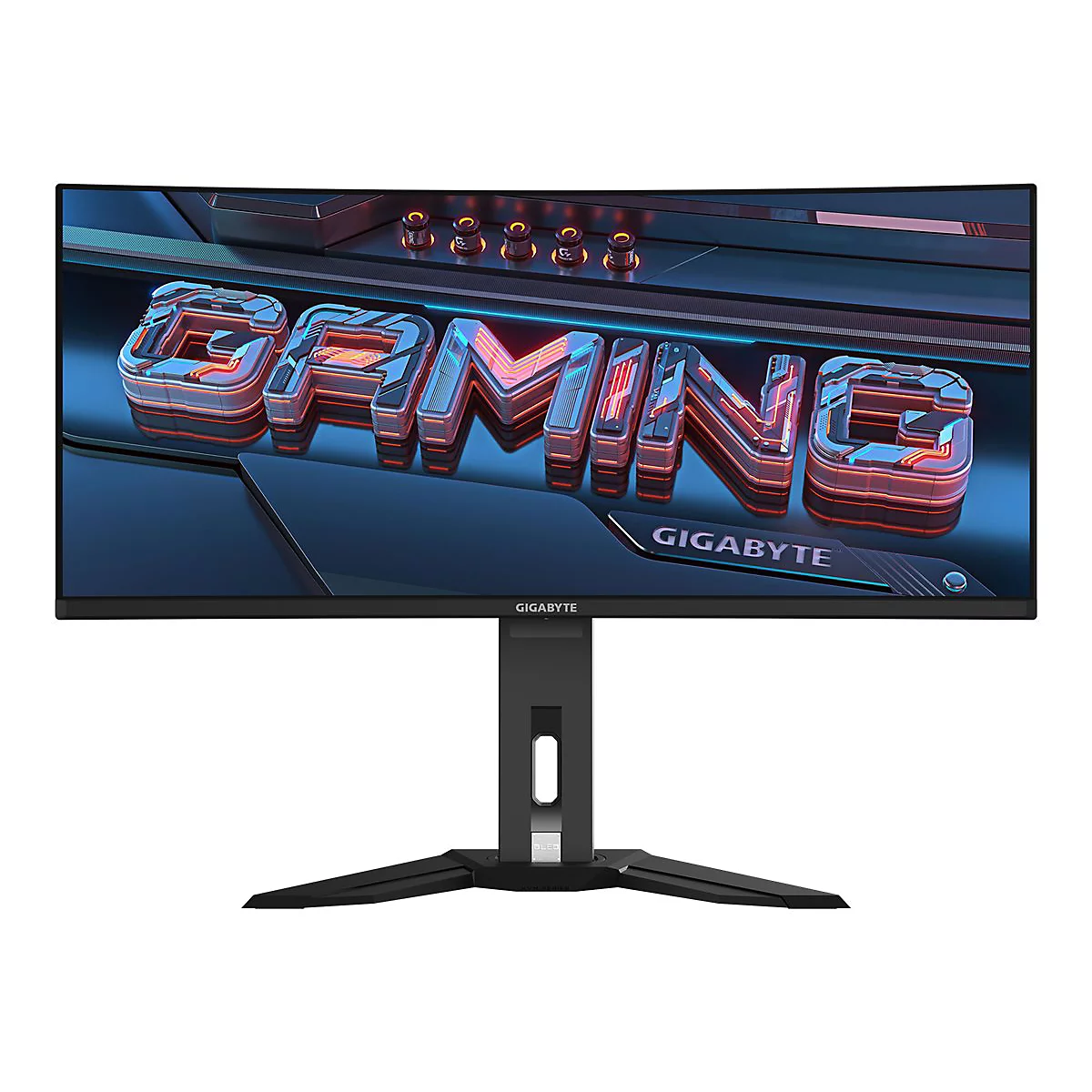 Schwarzer Gaming-Monitor mit blauem Hintergrund. Großes Wort 'GAMING'. Markenname 'GIGABYTE'.