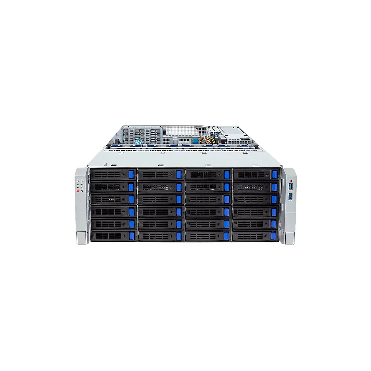 Rackmount Server mit 24 Festplatteneinschüben und blau-schwarzer Frontblende vor weißem Hintergrund.