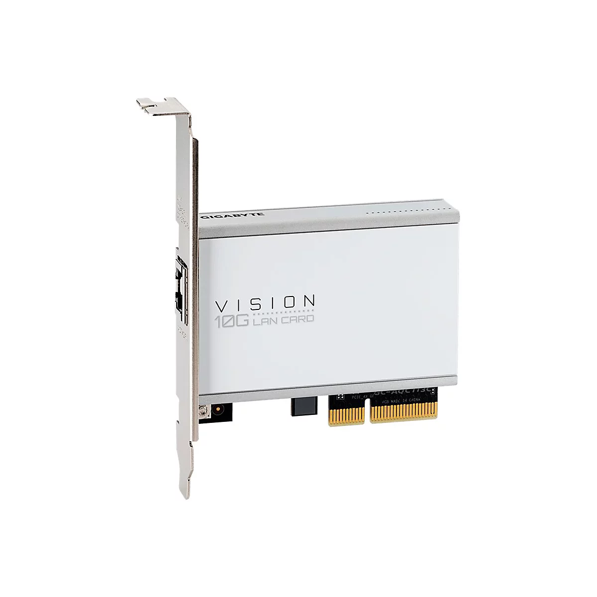 Weiße Gigabyte Vision 10G LAN-Karte für PCIe-Steckplätze mit silberner Blende vor weißem Hintergrund.