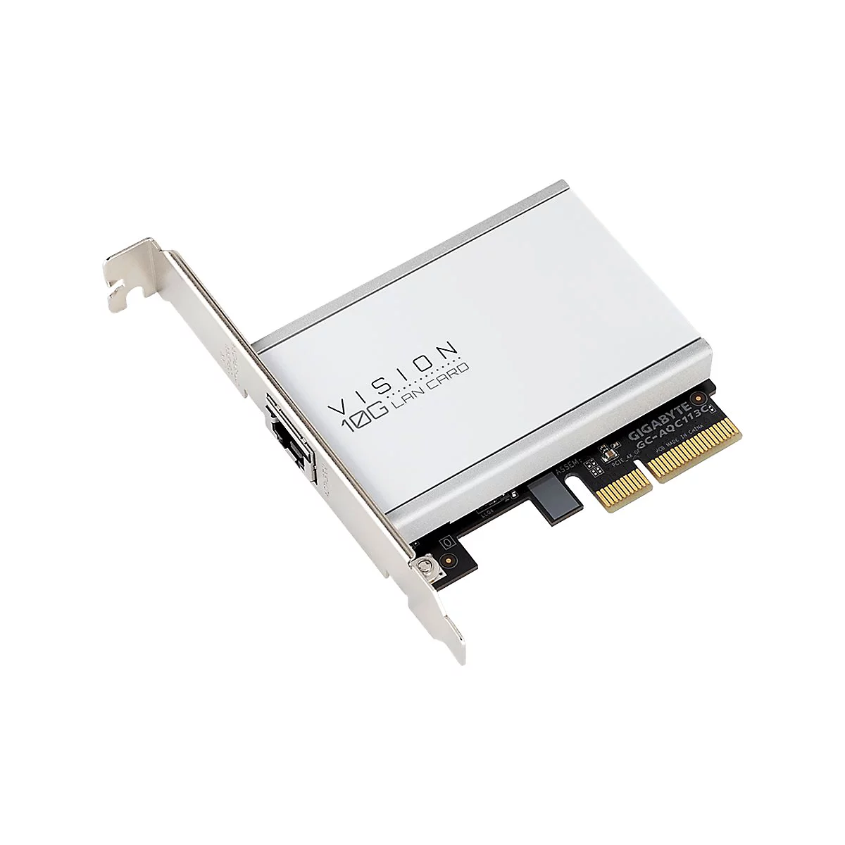 GIGABYTE VISION 10G LAN-Karte auf schwarzer Platine mit silbernem Kühlkörper vor weißem Hintergrund.