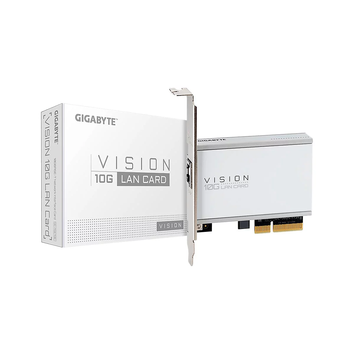 Gigabyte Vision 10G LAN-Karte vor ihrer Produktverpackung auf weißem Hintergrund.