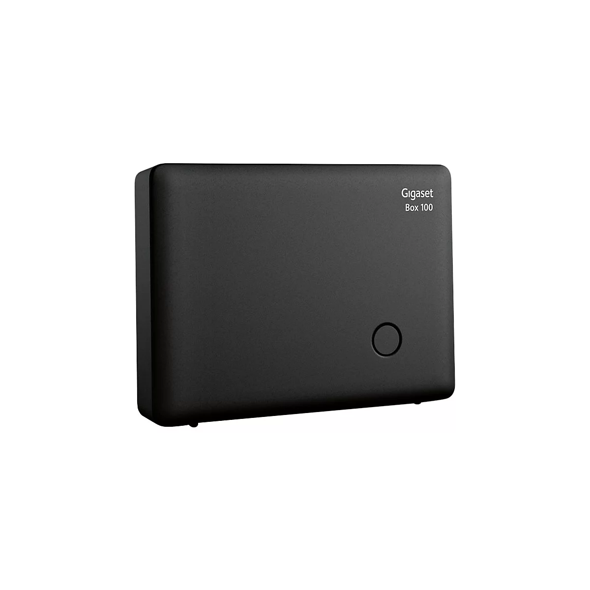Schwarze Gigaset Box 100 mit rundem Knopf unten rechts. Schriftzug: Gigaset Box 100.
