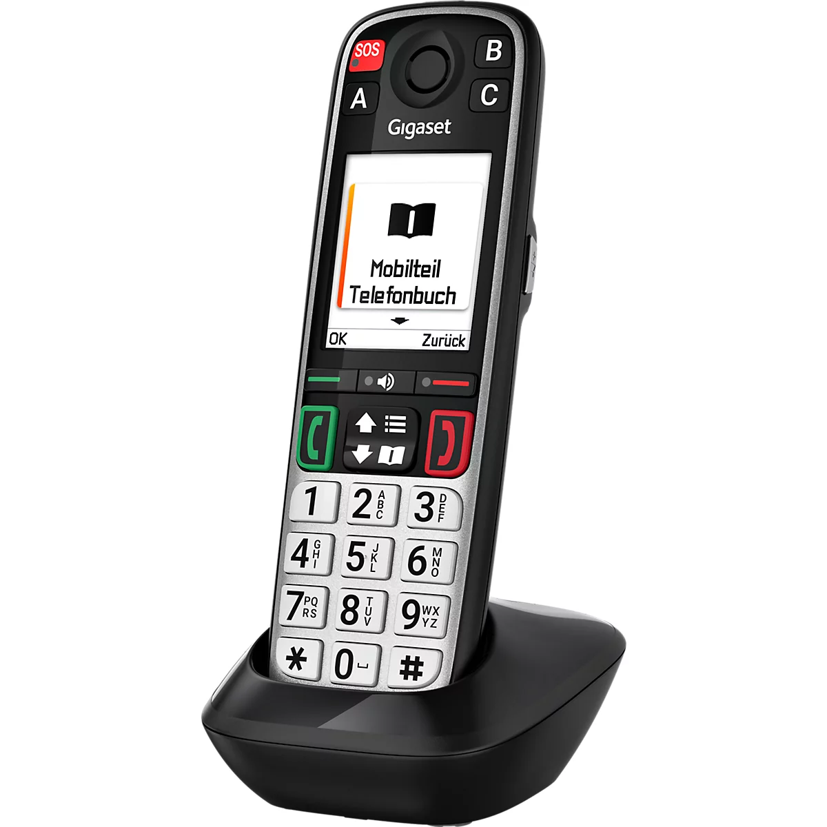 Schwarzes Gigaset Seniorenhandy mit großen Tasten in der Ladestation. Das Display zeigt 'Mobilteil Telefonbuch' an.
